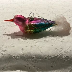 Vintage Colorful Glass Bird Christmas Real Feathers, Glitter Accents, Long Beak